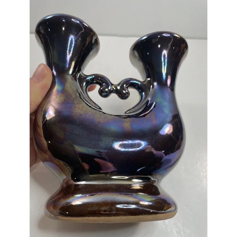 Vintage Double Iridescent Faience Candle Holder 1970s Made In Poland